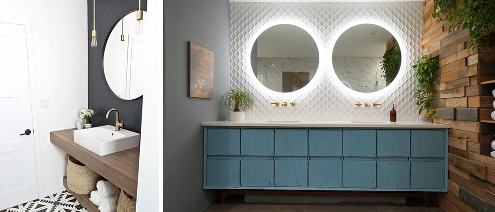 Зеркало в металлической раме в интерьере ванной в скандинавском стиле