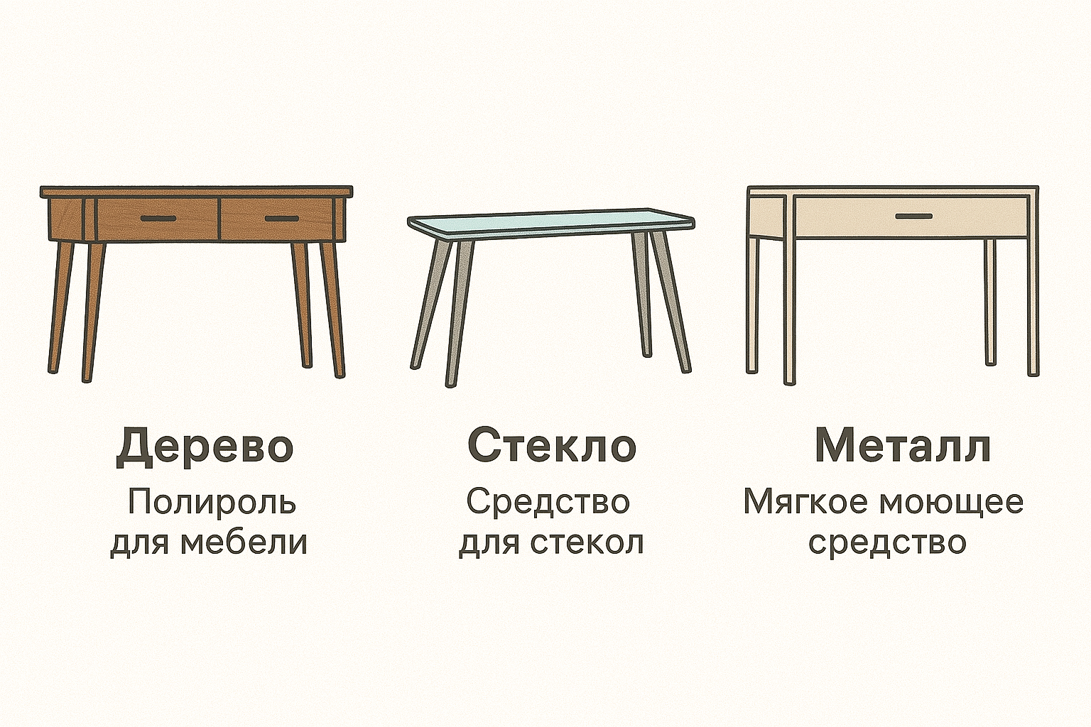 3 миниатюры разных консолей с указанием типа материала и средства по уходу